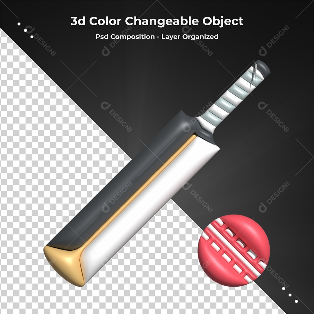 Elemento 3D Para Composição Taco De Críquete PSD