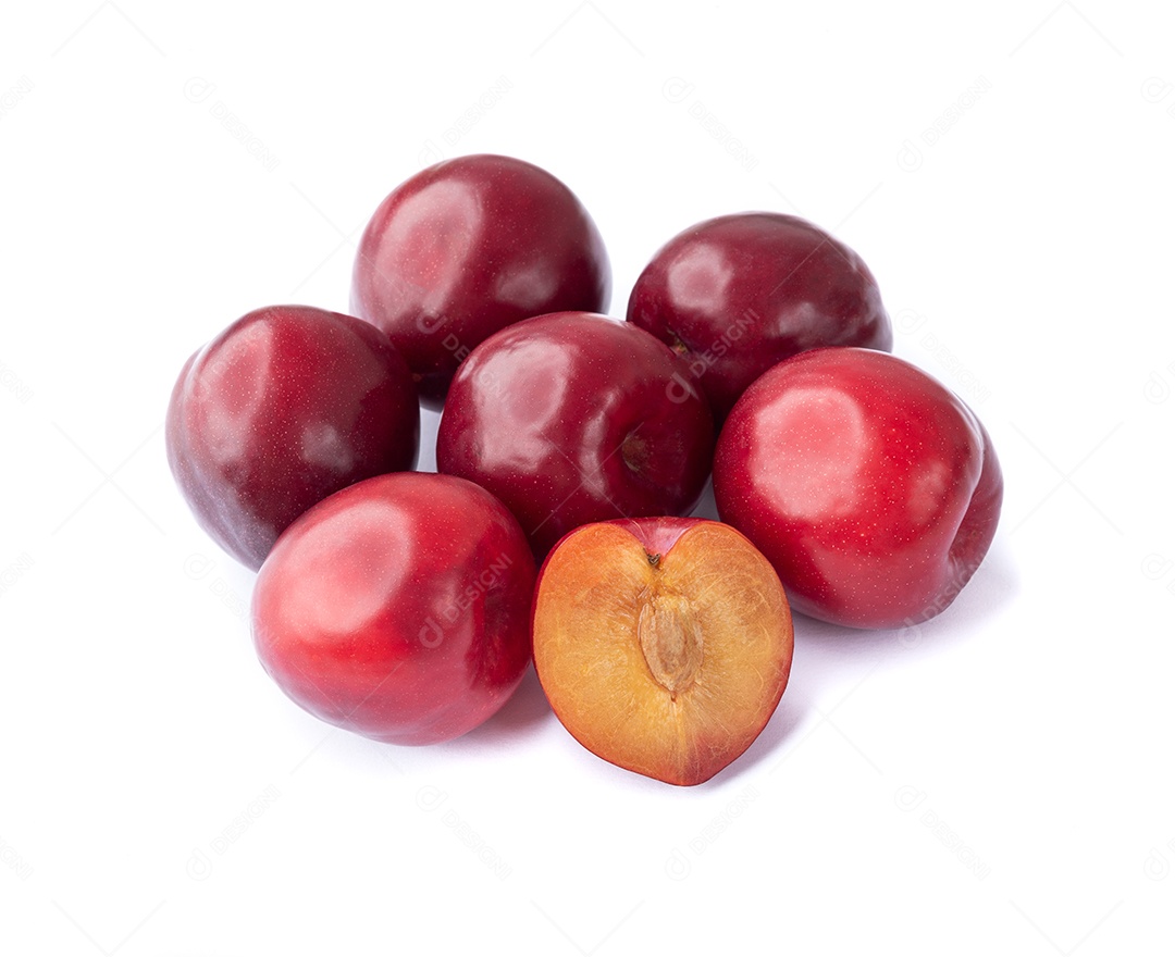Plums with half fruit isolated on white background.