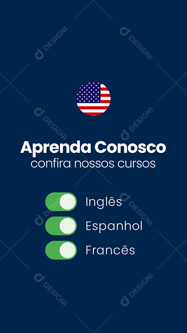 Escola de Idiomas Aprenda Conosco Inglês Espanhol Story Social Media PSD Editável