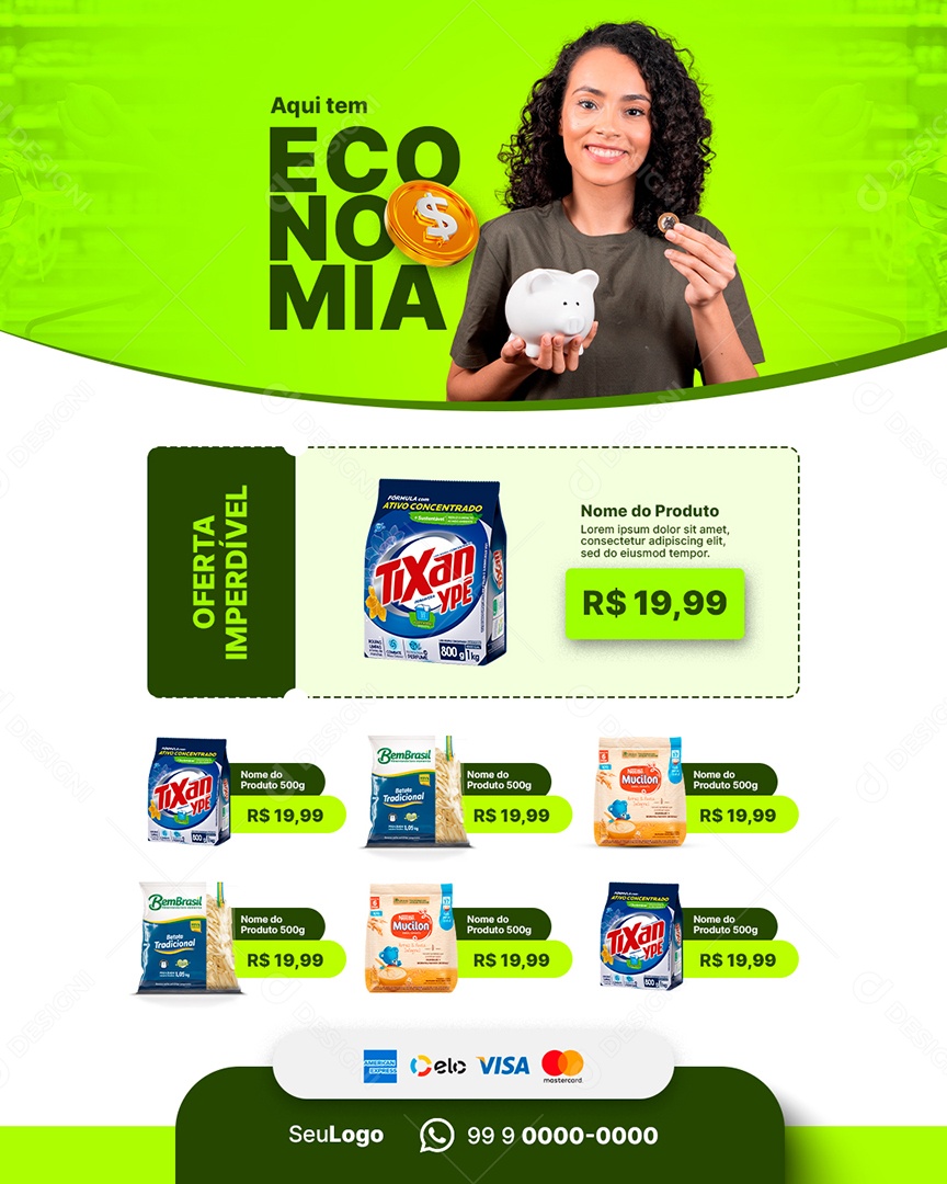 Encarte Aqui Tem Economia Supermercado Social Media PSD Editável