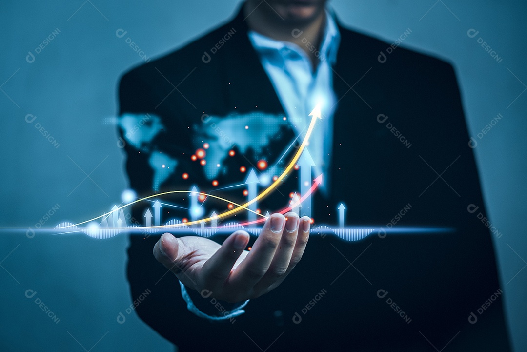 Empresário ponto aumento seta gráfico crescimento futuro corporativo. Planejamento objetivo objetivo desafio e conceito de desenvolvimento de investimento de finanças de estratégia de negócios.