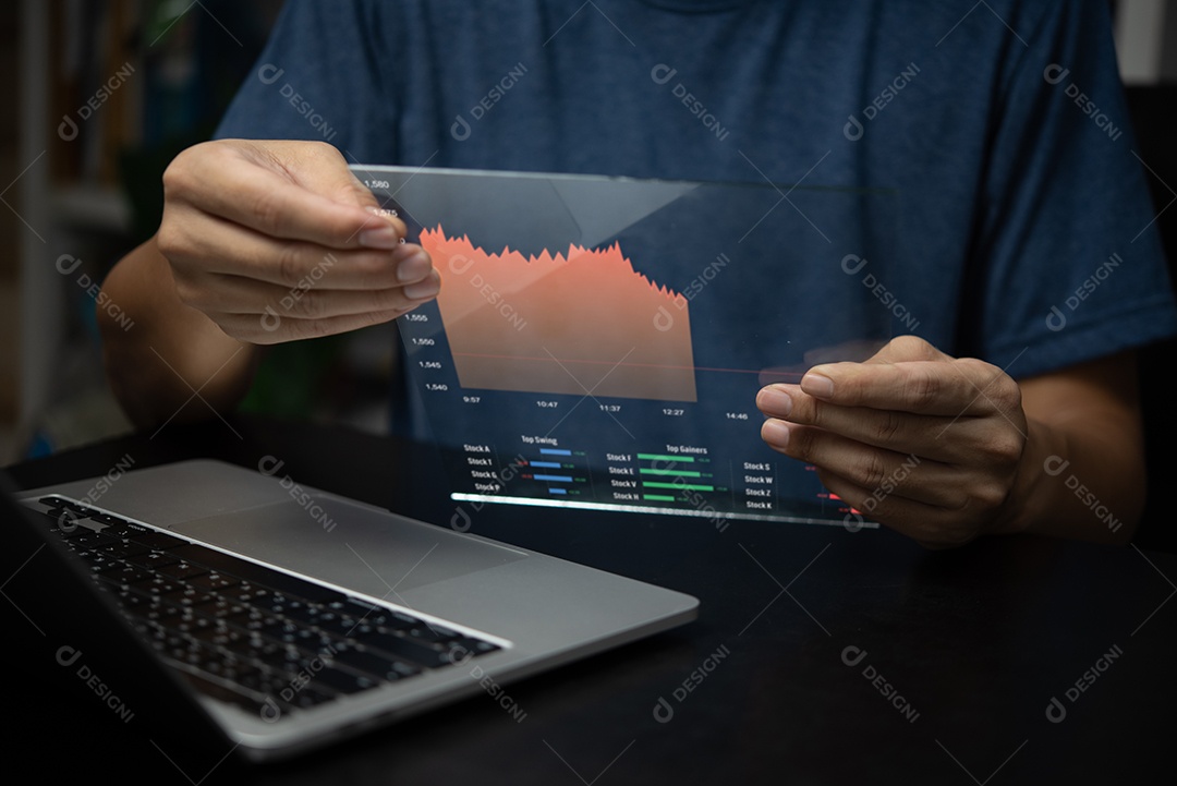 Empresário tela virtual gráfico indicador de mercado de ações moeda câmbio gestão financeira forex. conceito de economia de índice de crescimento comercial gráfico de lucro de negócios.