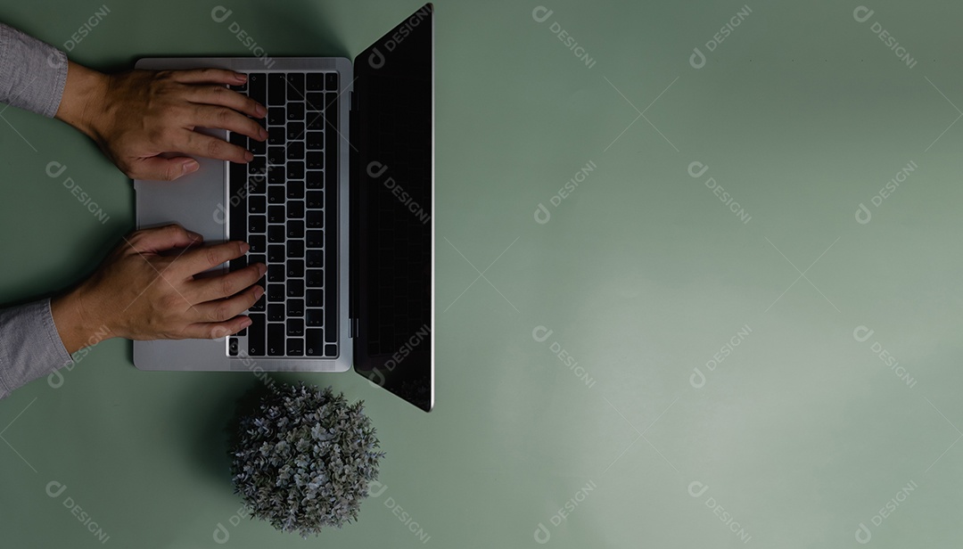 Mão usando computador laptop e flor sobre fundo verde. Vista superior cópia espaço em branco.