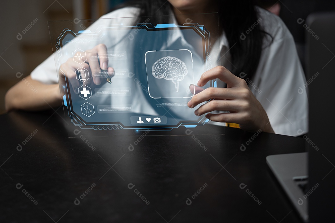 As meninas estudam ciências e medicina em um mundo moderno e tecnológico de telas virtuais online.