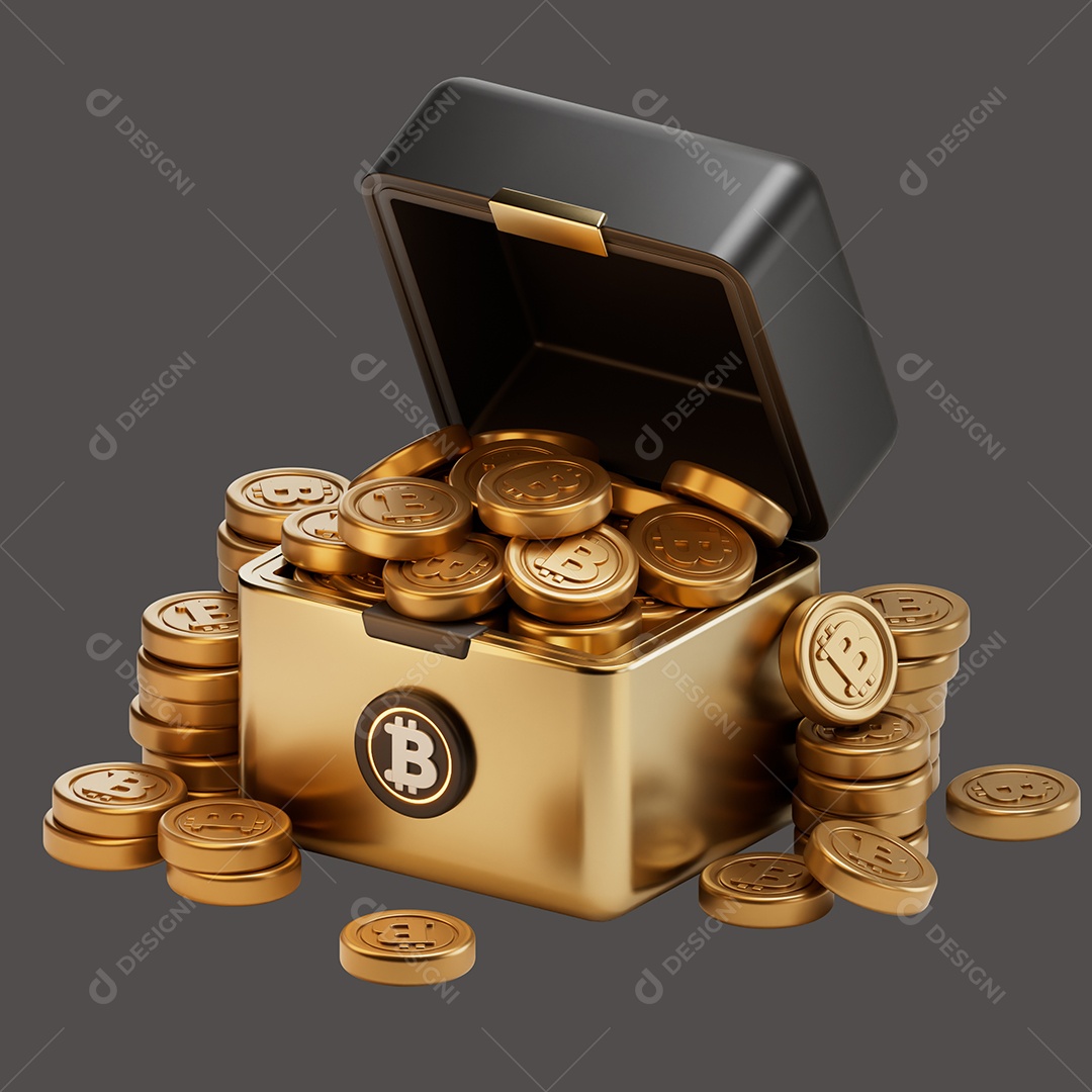 Baú Cheio de Bitcoins Elemento 3D para Composição PSD