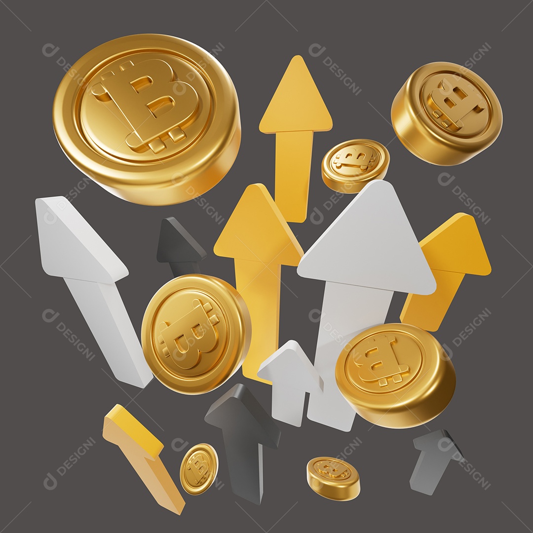 Moeda de Bitcoin Subindo Elemento 3D para Composição PSD