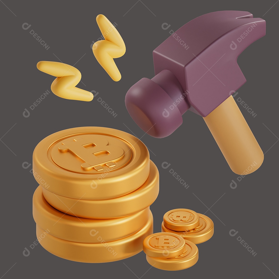Martelo Sobre Pilha de Bitcoin Elemento 3D para Composição PSD