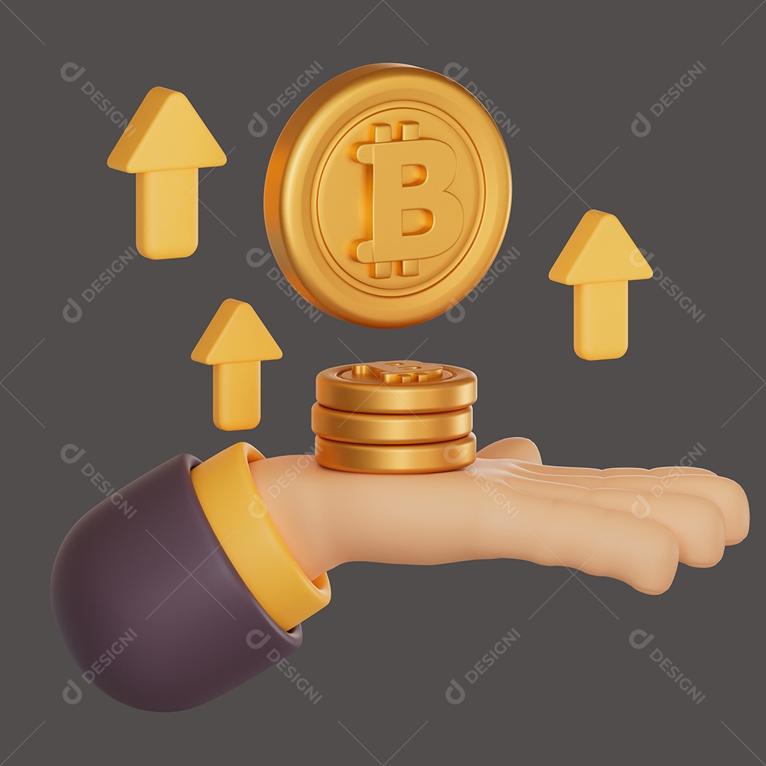 Moeda de Bitcoin Flutuando em Mão Elemento 3D para Composição PSD