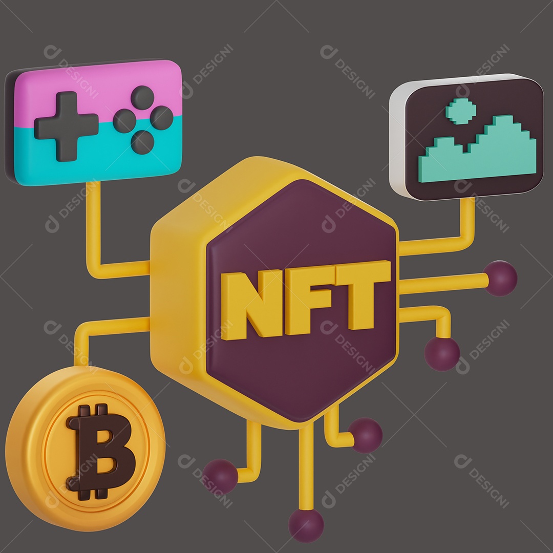 NFT Circulando Jogos e Bitcoins no Meta Verso Elemento 3D para Composição PSD