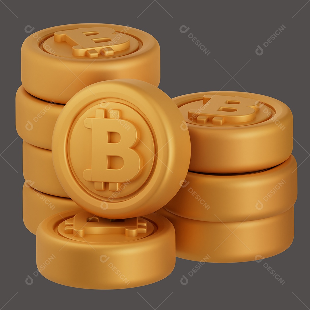 Pilhas de Moedas de Bitcoin Elemento 3D para Composição PSD