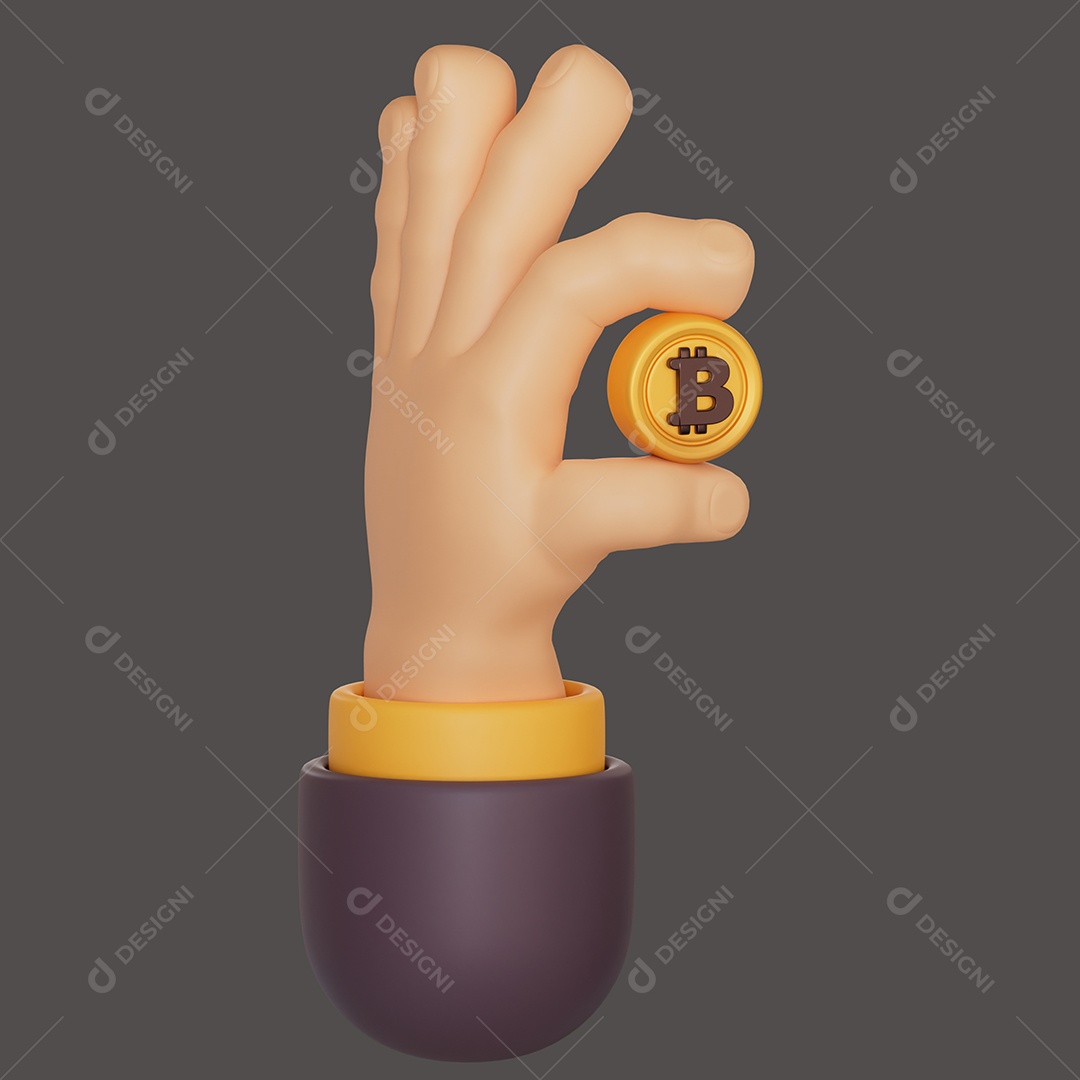 Mão Segurando Moeda Bitcoin Elemento 3D para Composição PSD