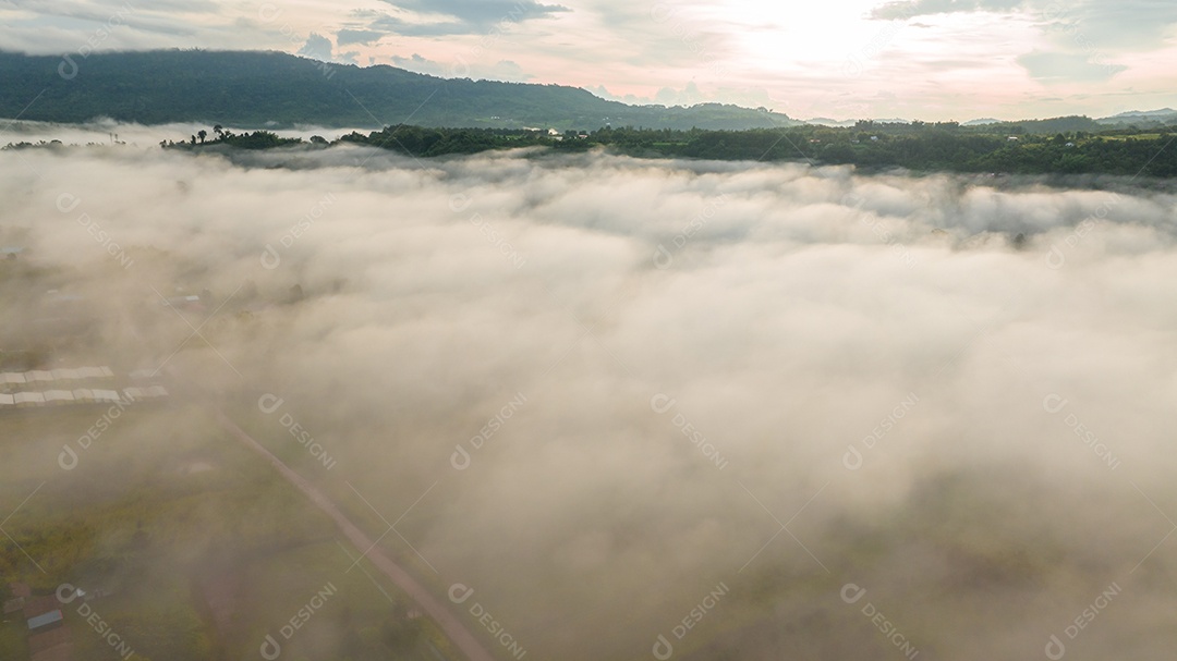 Mar de neblina e nevoeiro no fundo da natureza da montanha.