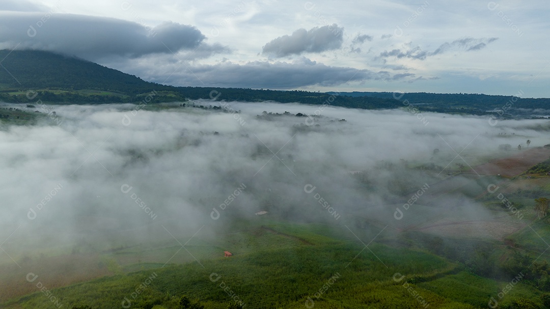 Mar de neblina e nevoeiro no fundo da natureza da montanha.