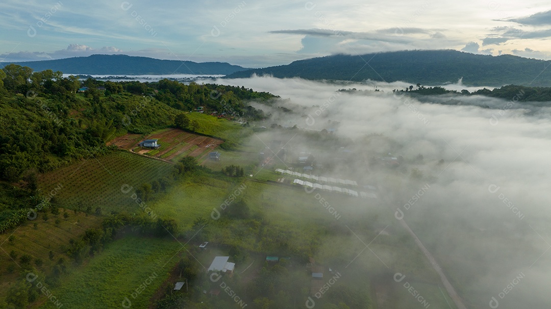 Mar de neblina e nevoeiro no fundo da natureza da montanha.
