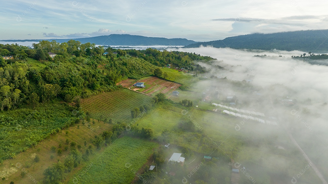 Mar de neblina e nevoeiro no fundo da natureza da montanha.