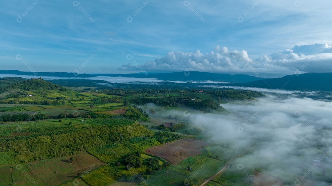 Mar de neblina e nevoeiro no fundo da natureza da montanha.