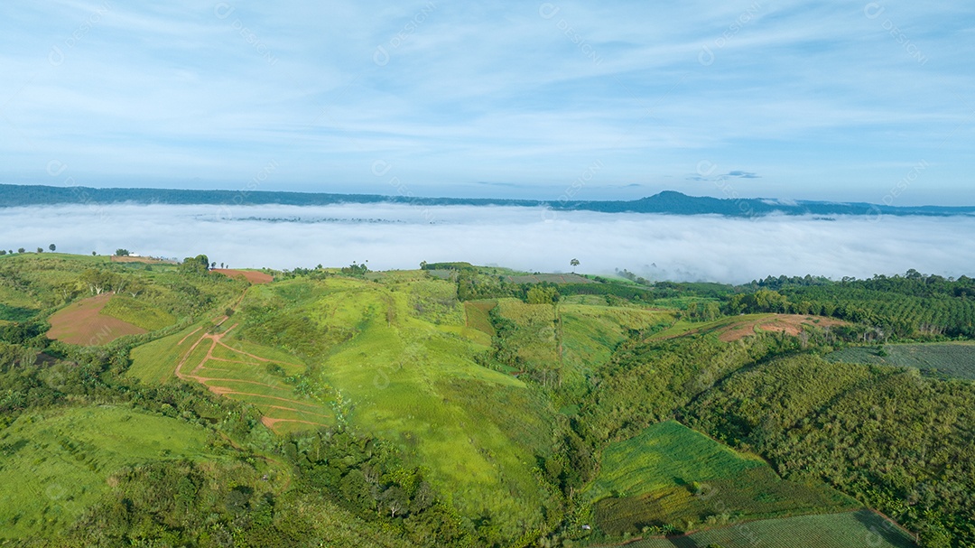 Mar de neblina e nevoeiro no fundo da natureza da montanha.