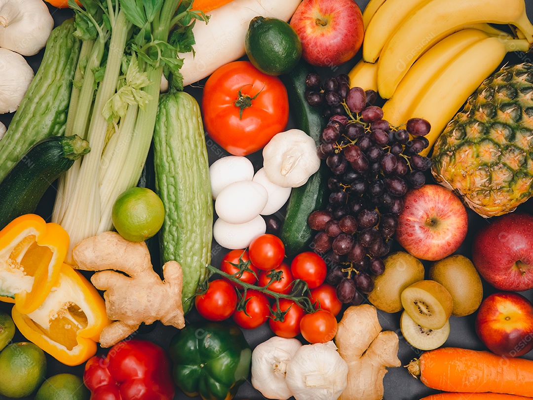 Variedade de fundo de legumes e frutas frescas, alimentos saudáveis