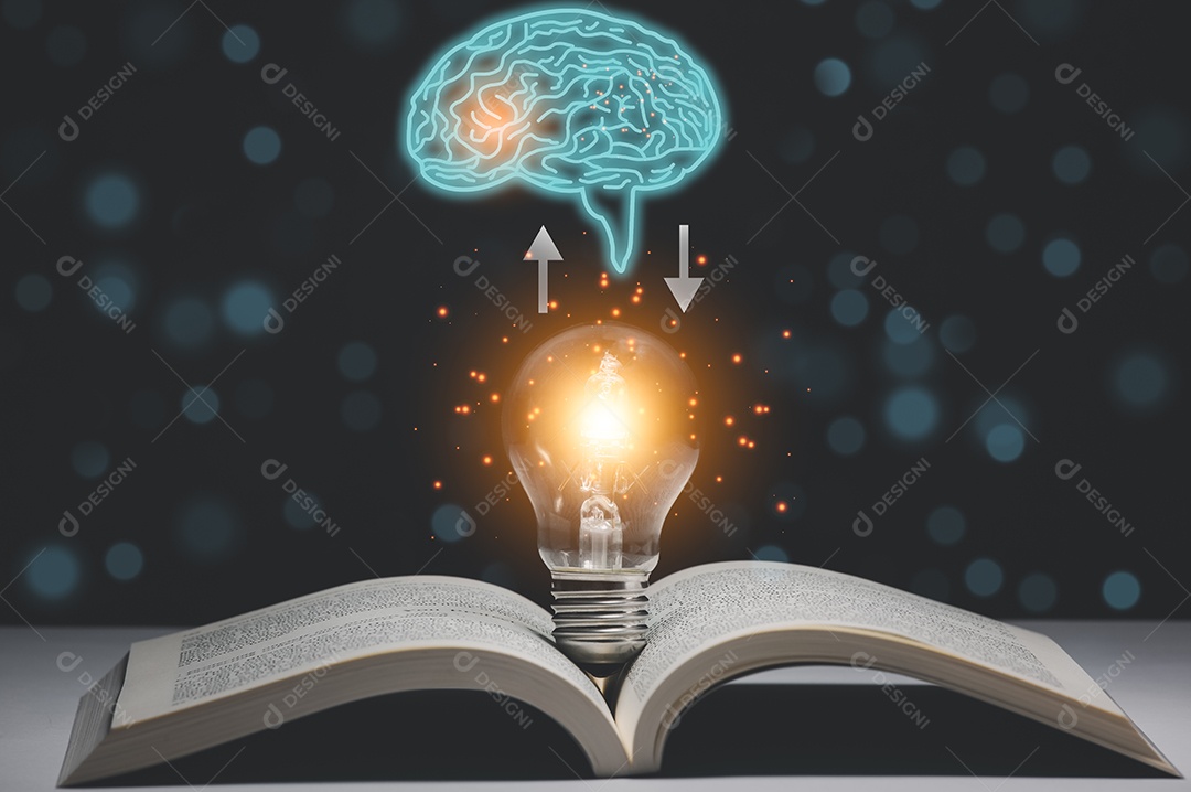 Livro e lâmpada estilo vintage com fundo escuro do ícone do cérebro