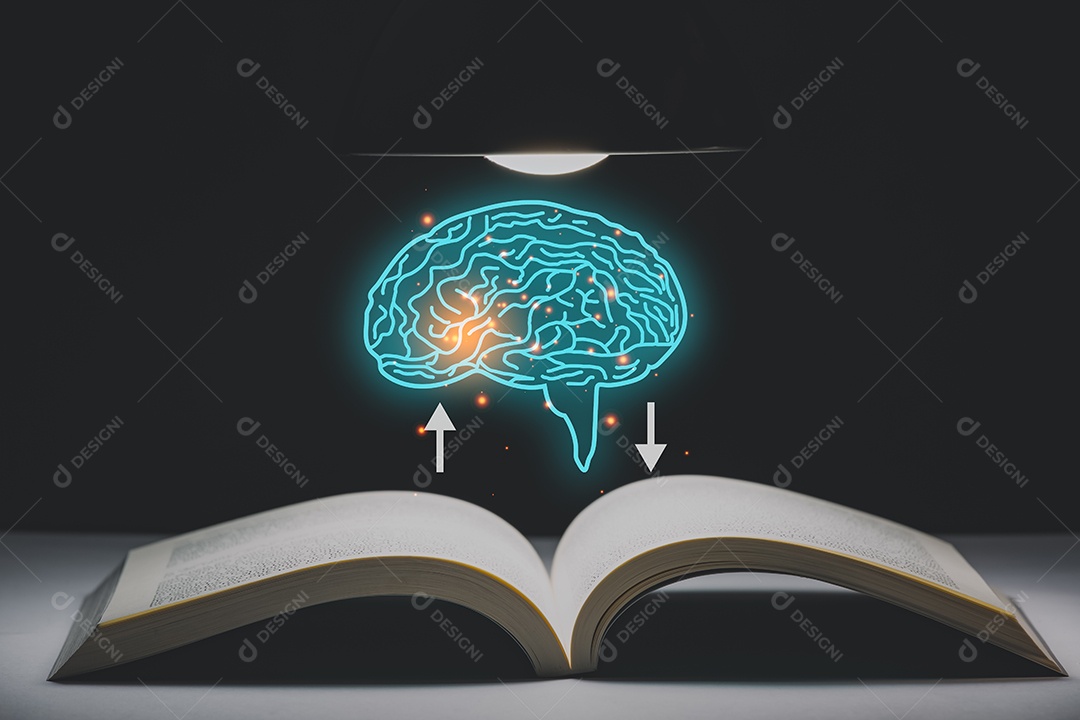Livro e lâmpada estilo vintage com fundo escuro do ícone do cérebro, Conceito A ideia de ler livros
