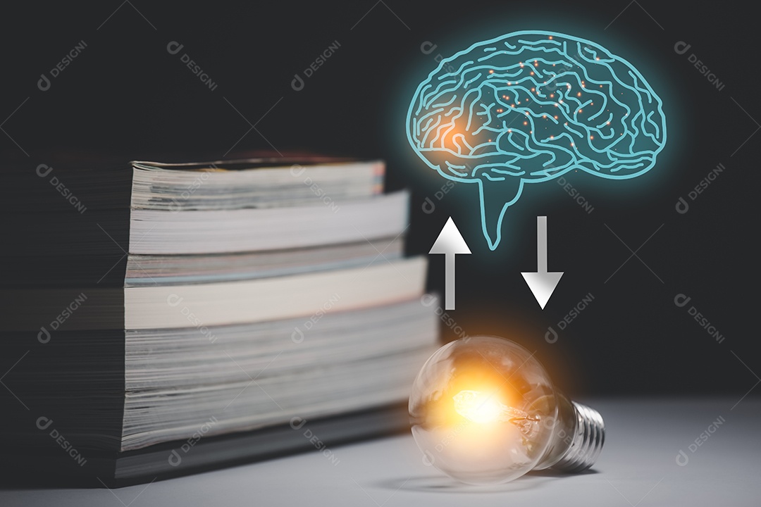 Livro e lâmpada estilo vintage com fundo escuro do ícone do cérebro, Conceito A ideia de ler livros