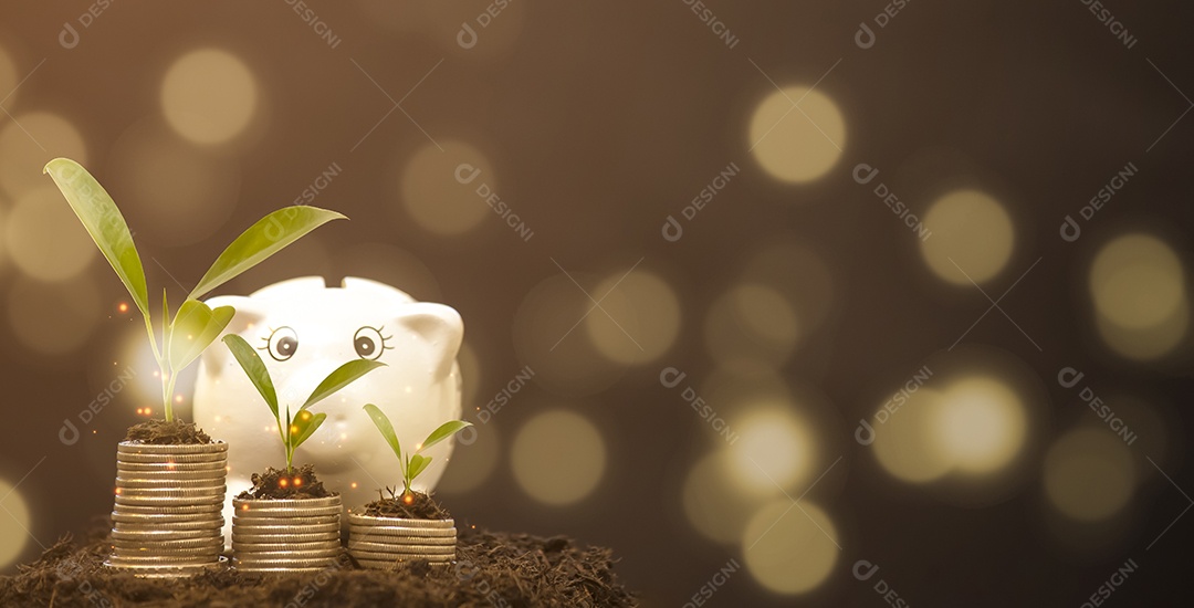 Planta de dinheiro crescente em lâmpada economizadora de energia com porquinho