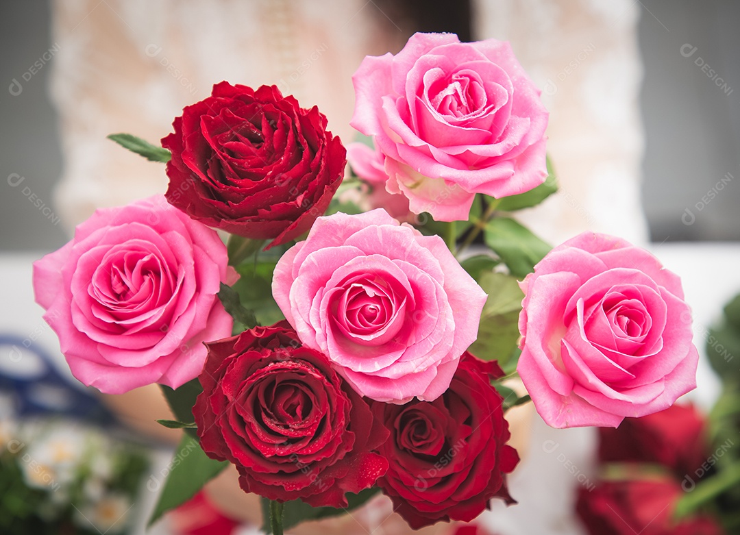 Mulher se preparando para aparar rosas vermelhas e cor de rosa e lindos arranjos de flores em casa