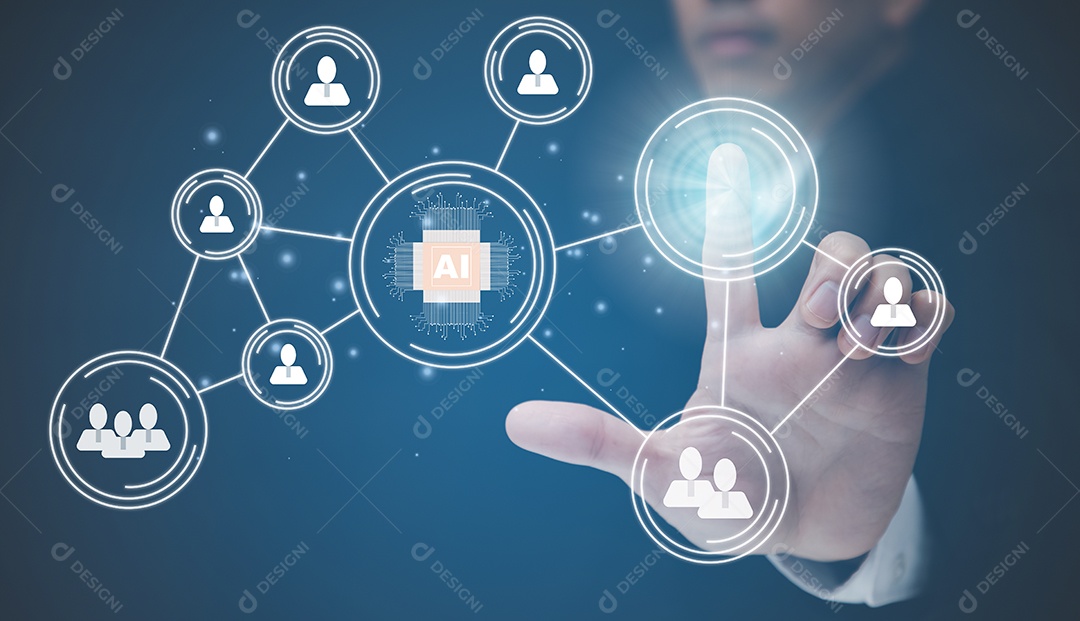 Empresário tocando Inteligência Artificial IA em rede de big data aprendizado de máquina e dados em fundo escuro