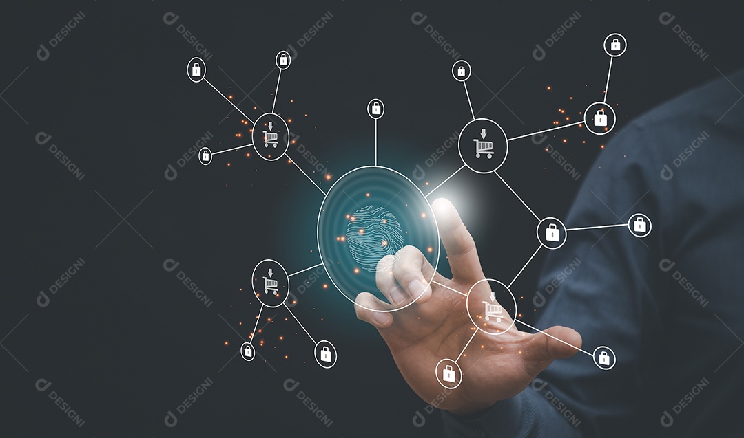 Empresário tocando Inteligência Artificial IA em dados em fundo escuro