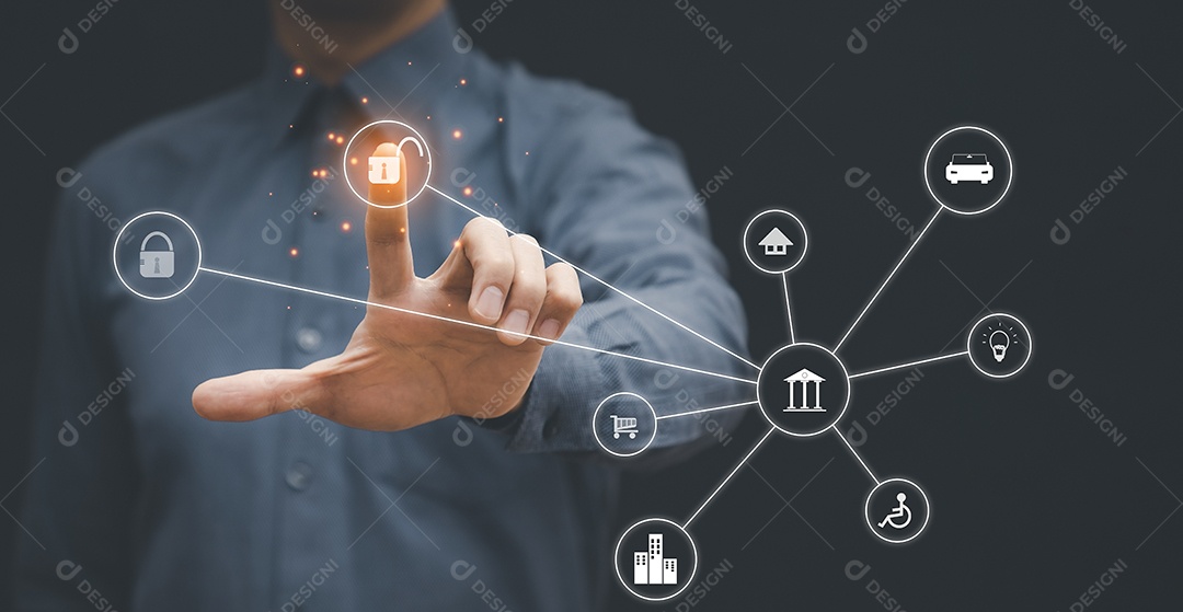 Empresário tocando Inteligência Artificial IA em dados em fundo escuro