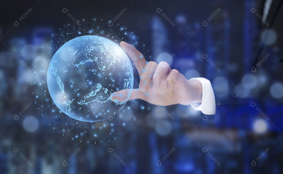 Empresário tocando Inteligência Artificial IA em dados em fundo escuro