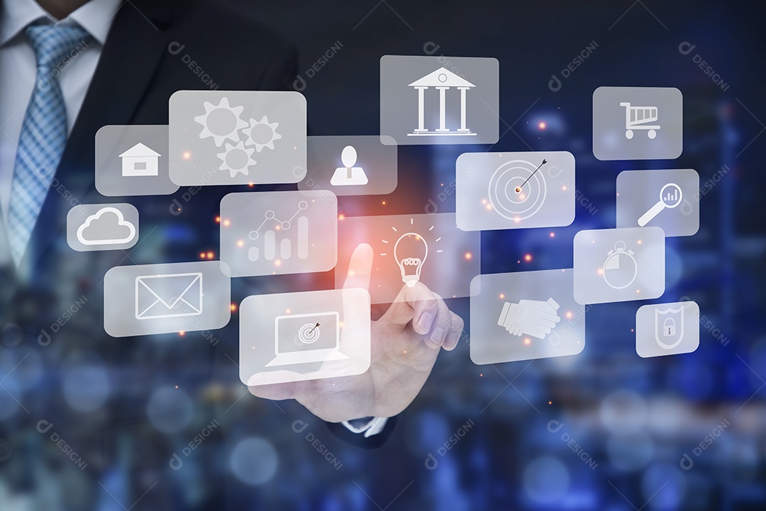 Empresário tocando Inteligência Artificial IA em dados em fundo escuro