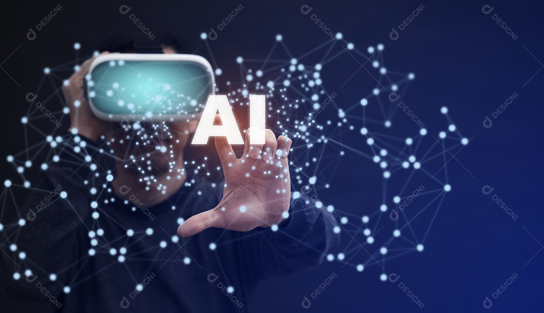 Empresário Hacker Homem usando óculos de realidade virtual em gráfico código de tela de uma tela de mídia IA no fundo isolado