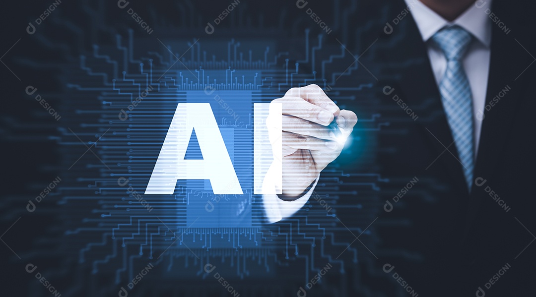 Empresário tocando Inteligência Artificial IA em dados em fundo escuro