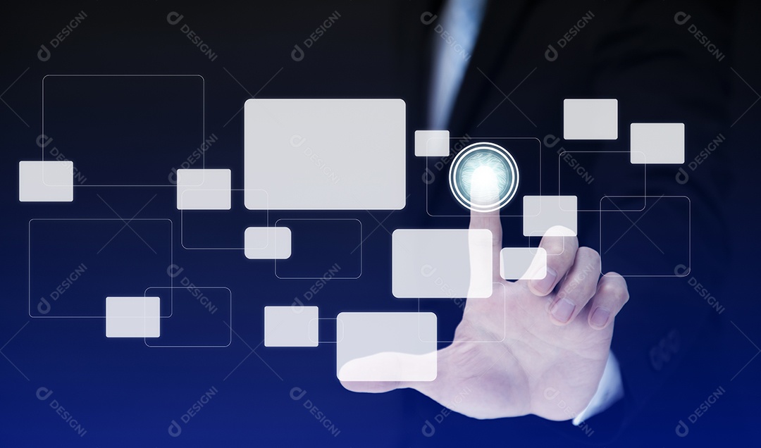 Empresário tocando Inteligência Artificial IA em dados em fundo escuro