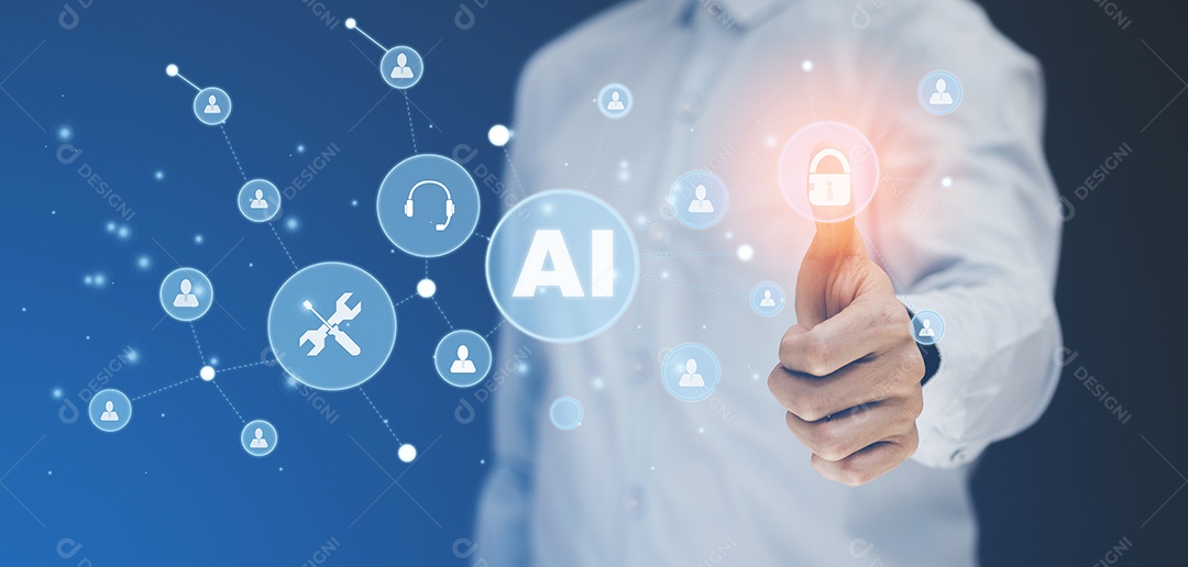 Empresário tocando Inteligência Artificial IA em dados em fundo escuro