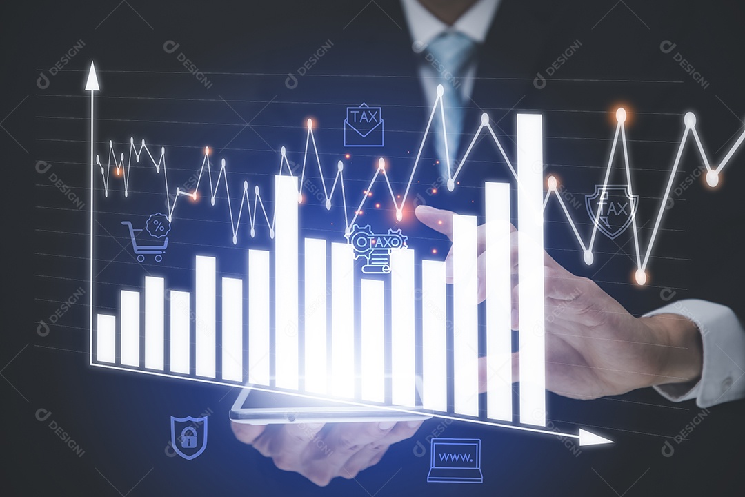 Empresário tocando Inteligência Artificial IA em dados em fundo escuro