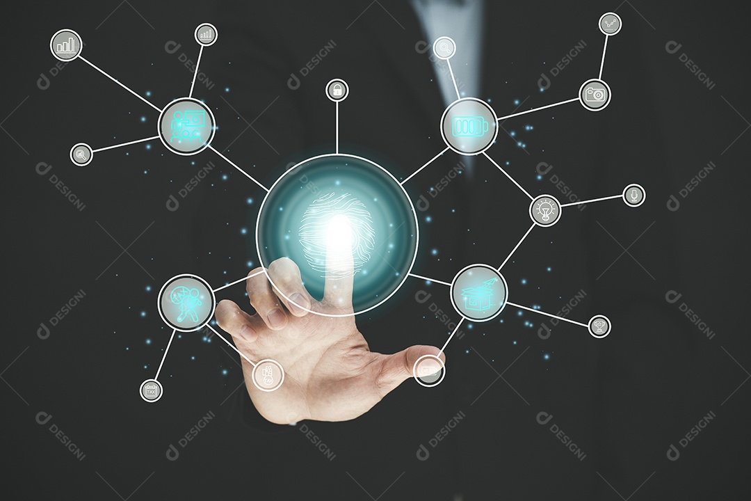 Empresário tocando Inteligência Artificial IA em dados em fundo escuro