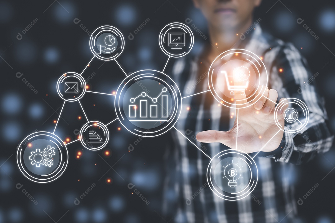 Empresário tocando Inteligência Artificial IA em dados em fundo escuro