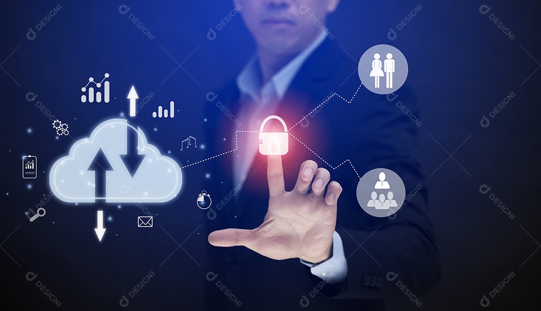 Empresário tocando Inteligência Artificial IA em dados em fundo escuro