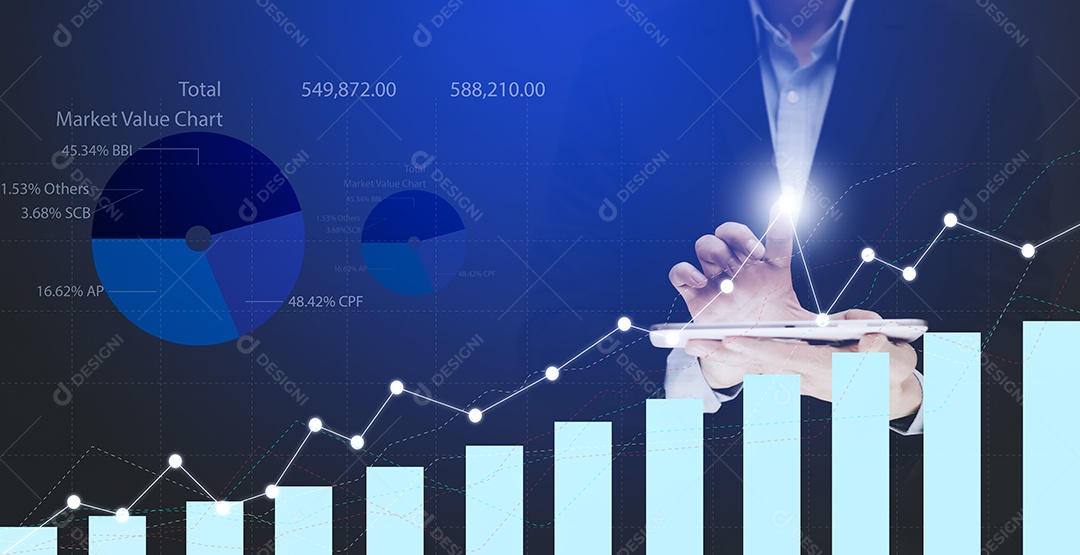 Empresário tocando Inteligência Artificial IA em dados em fundo escuro