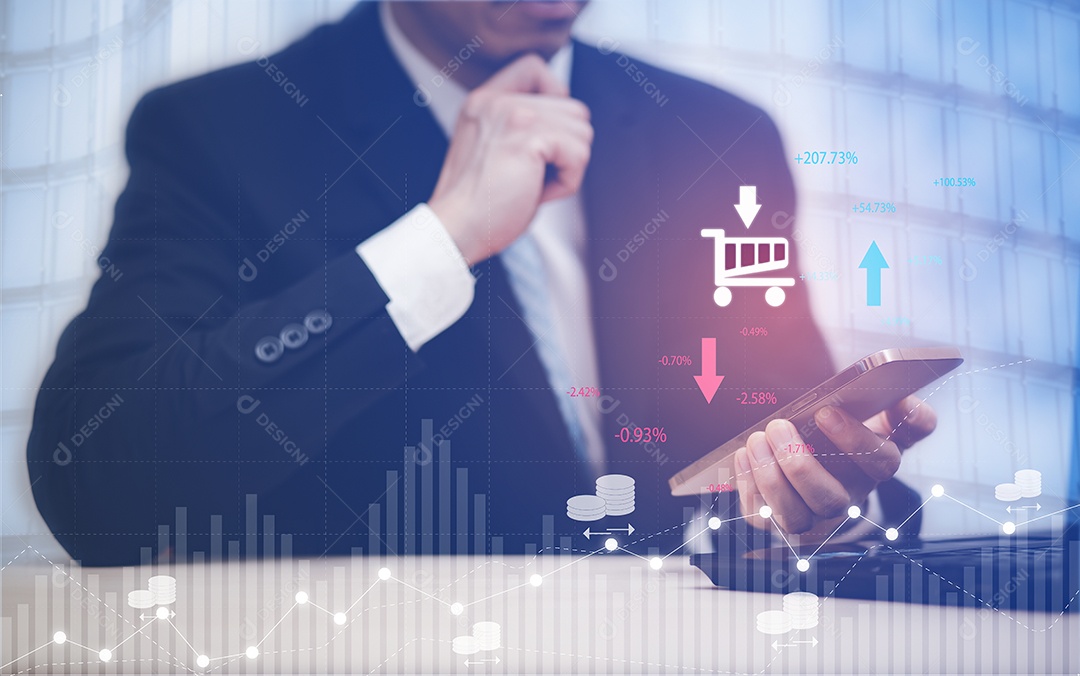 Empresário segurando tablet ou celular conectado a informações de dados na rede gerado por IA