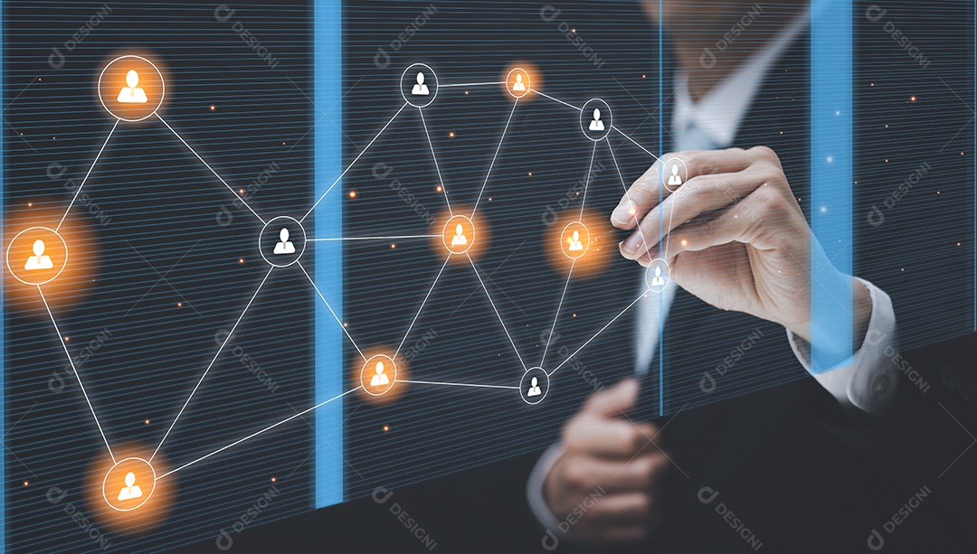 Empresário tocando Inteligência Artificial IA em dados em fundo escuro