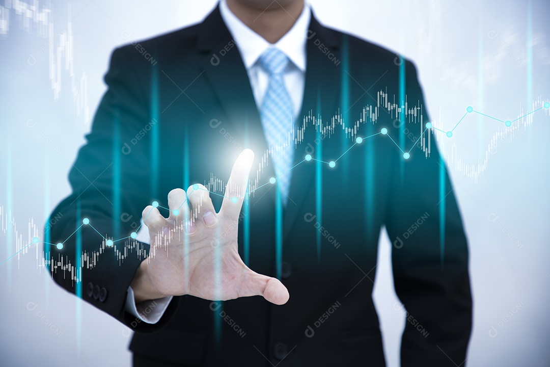 Empresário tocando Inteligência Artificial IA em dados em fundo escuro