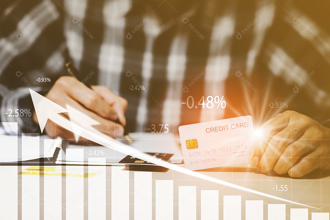 Empresário segurando cartão de crédito e usando laptop gerado pela IA