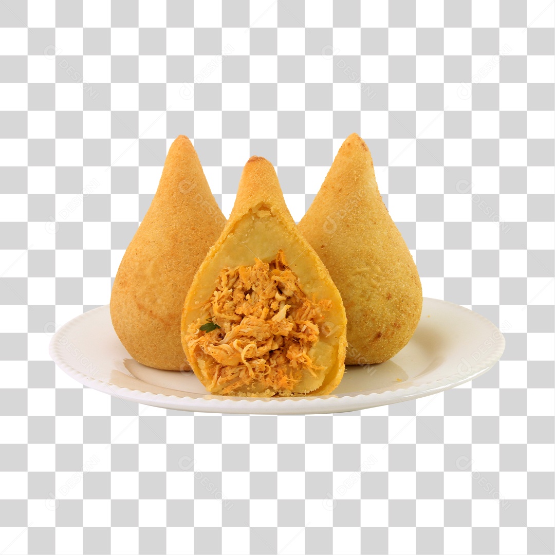 Salgado sobre um prato branco coxinha de frango PNG