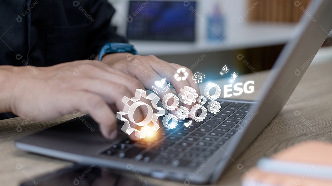 Mão de negócios clica no ícone ESG na mão para ambiental