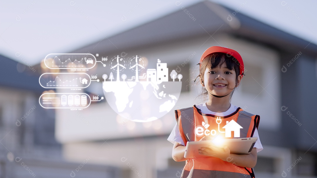 Garotinha asiática atuando no papel de um engenheiro de construção