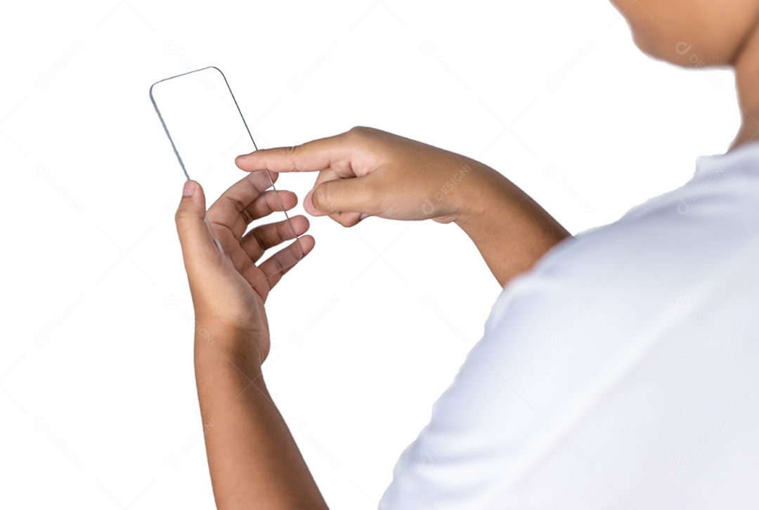 O telefone é colocado na tampa da mão da pessoa.