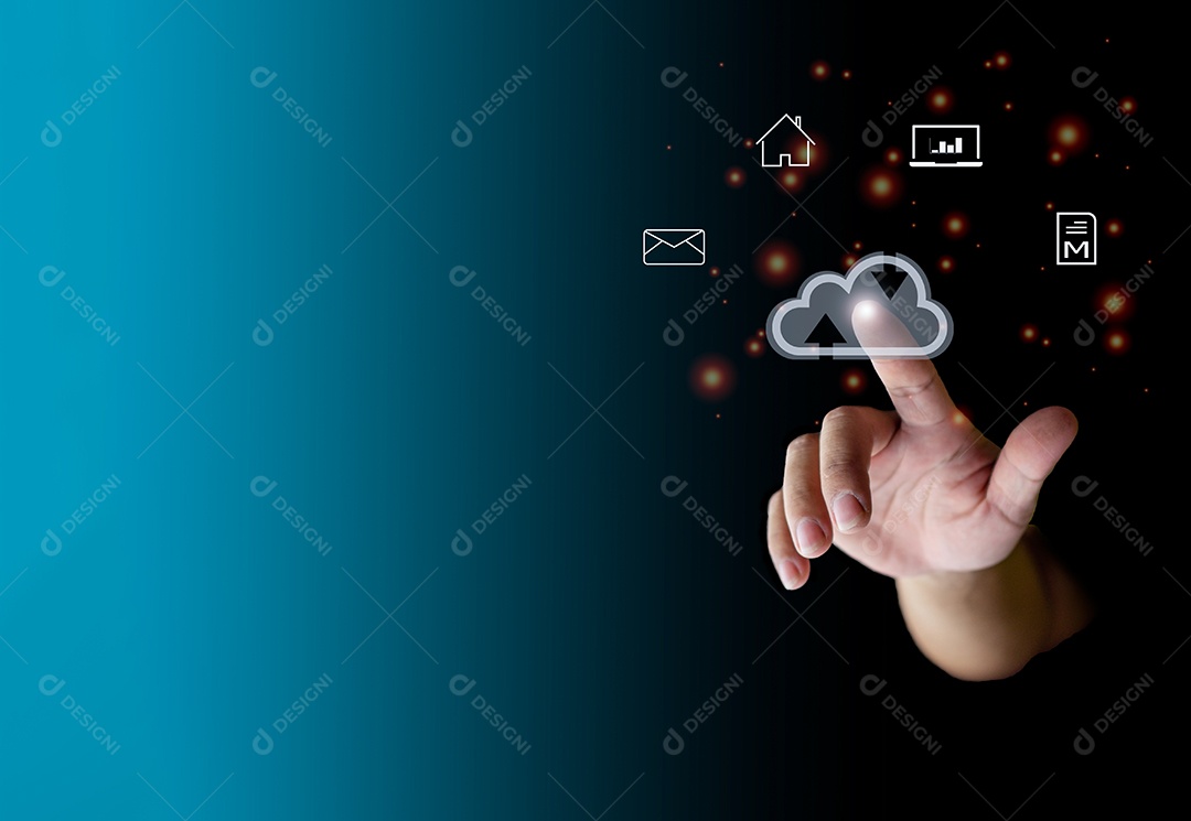 Dedo humano apontando para a nuvem mostra sagacidade global de transferência de dados.